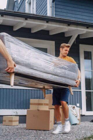 Two men carry a couch wrapped in plastic away from a house.