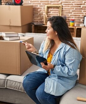 A woman sits amidst moving voxes with a clipboard
