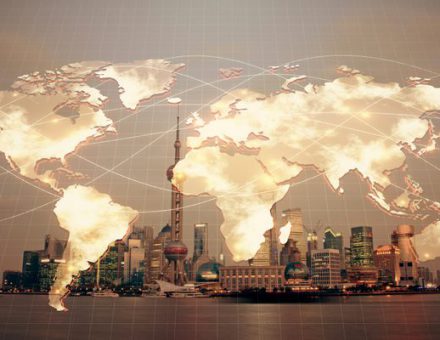 virtual world map with a cityscape in the background