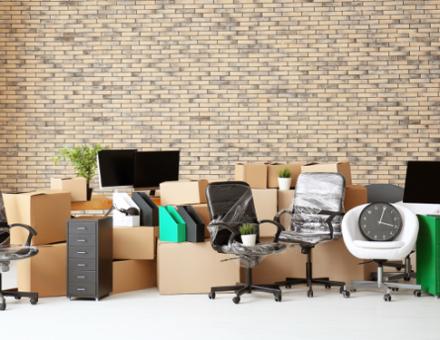 Office supplies packed up for moving