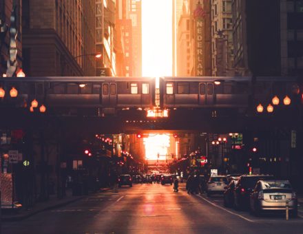 A city during a sunset.