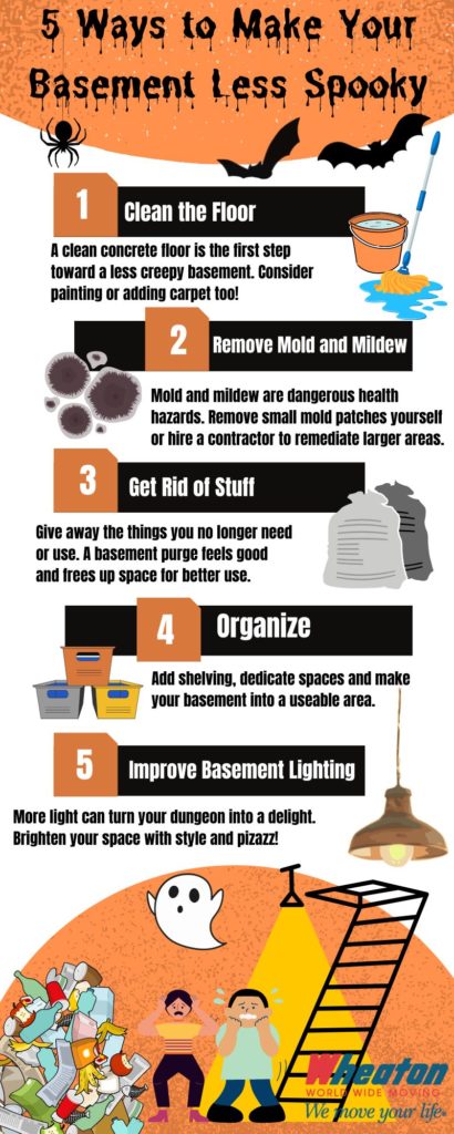 Infographic explaining how to best clean a scary looking basement.