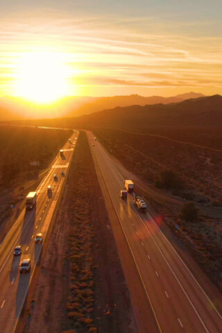 A long road at sunset.