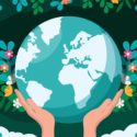 A graphic of hands holding the earth.