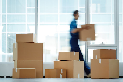 Blurred image of a person carrying boxes.