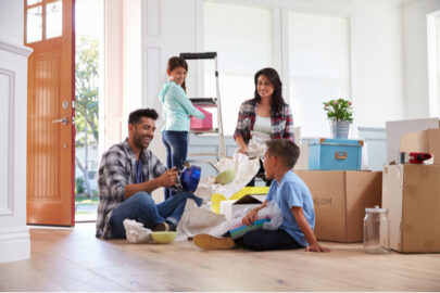 A blended family unpacks in their new home.