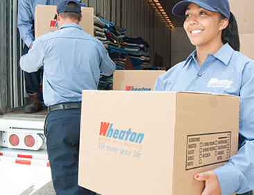 Wheaton's employee holding moving boxes