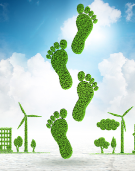 Graphic of leafy footprints between a green building and a green house with wind turbines and a blue sky.