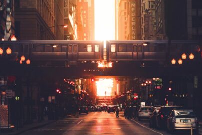 A city during a sunset.