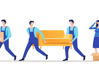 Illustrated image of movers carrying couch while person watches.