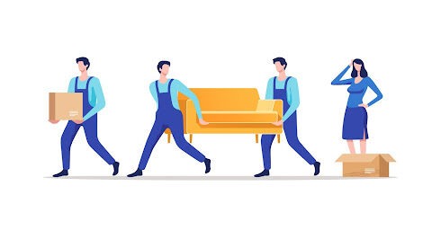 Illustrated image of movers carrying couch while person watches.