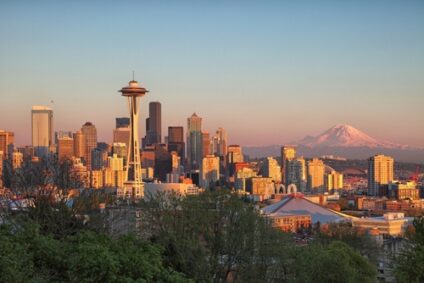 The Seattle skyline at sunset