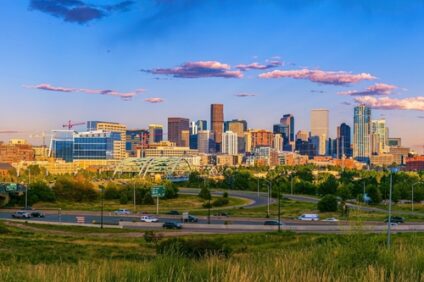 The Denver skyline at sunset