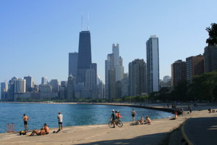 The Chicago skyline from a beach.